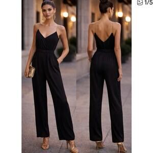 Jason Wu NWT Black Jumpsuit Gold Chain Strap Wide Leg Cocktail Size M